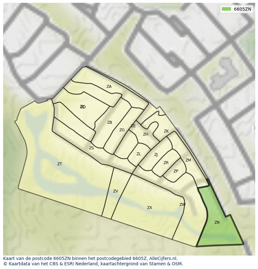 Afbeelding van het postcodegebied 6605 ZN op de kaart.
