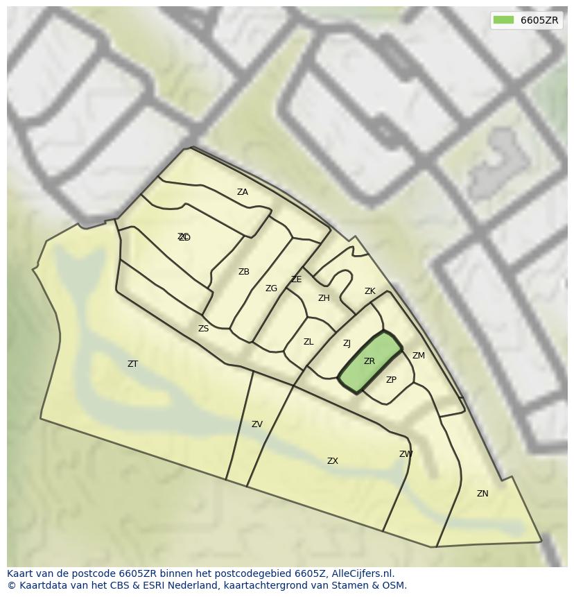 Afbeelding van het postcodegebied 6605 ZR op de kaart.