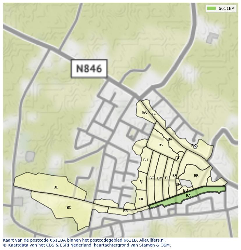 Afbeelding van het postcodegebied 6611 BA op de kaart.