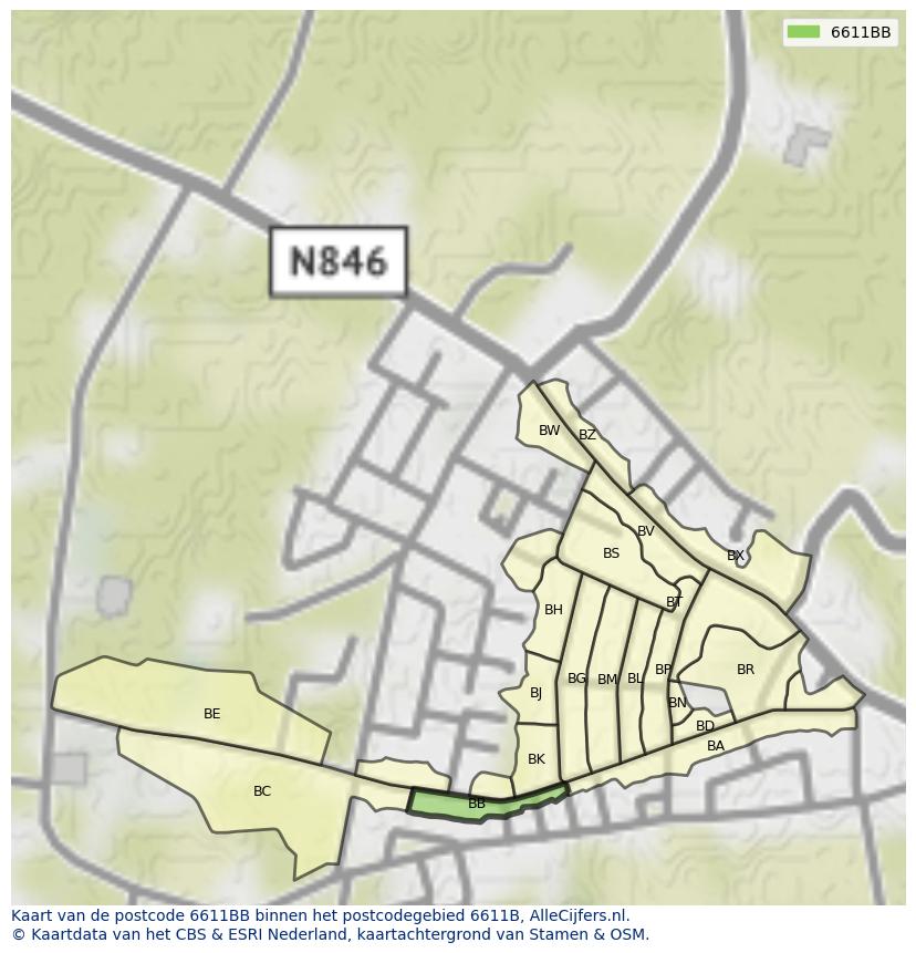 Afbeelding van het postcodegebied 6611 BB op de kaart.