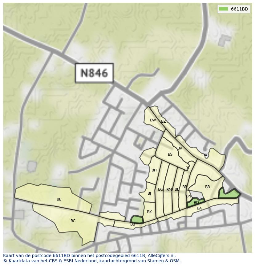 Afbeelding van het postcodegebied 6611 BD op de kaart.