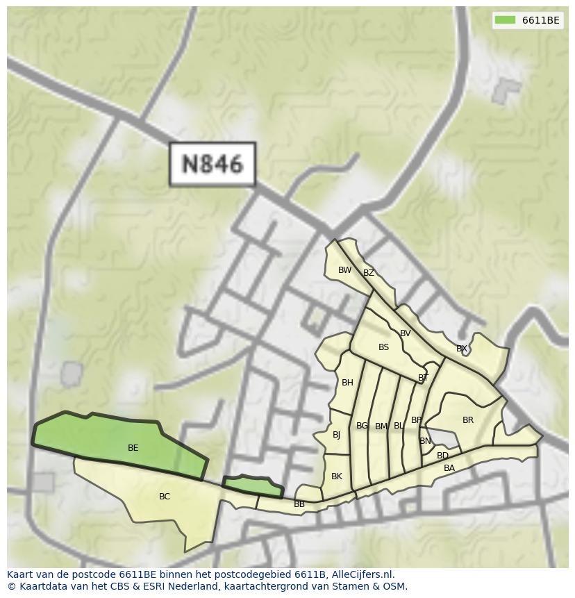 Afbeelding van het postcodegebied 6611 BE op de kaart.