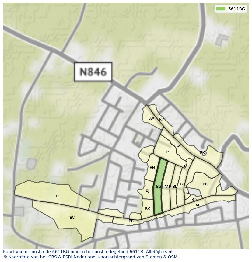 Afbeelding van het postcodegebied 6611 BG op de kaart.