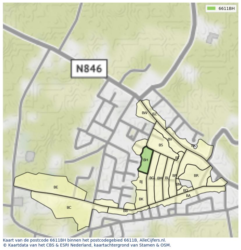 Afbeelding van het postcodegebied 6611 BH op de kaart.