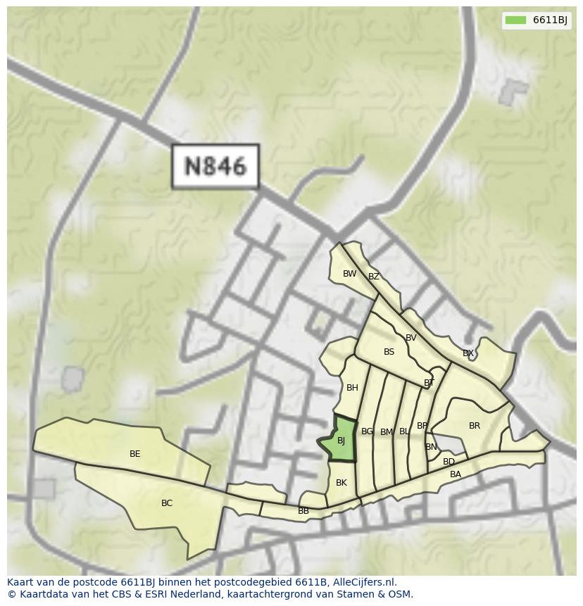 Afbeelding van het postcodegebied 6611 BJ op de kaart.