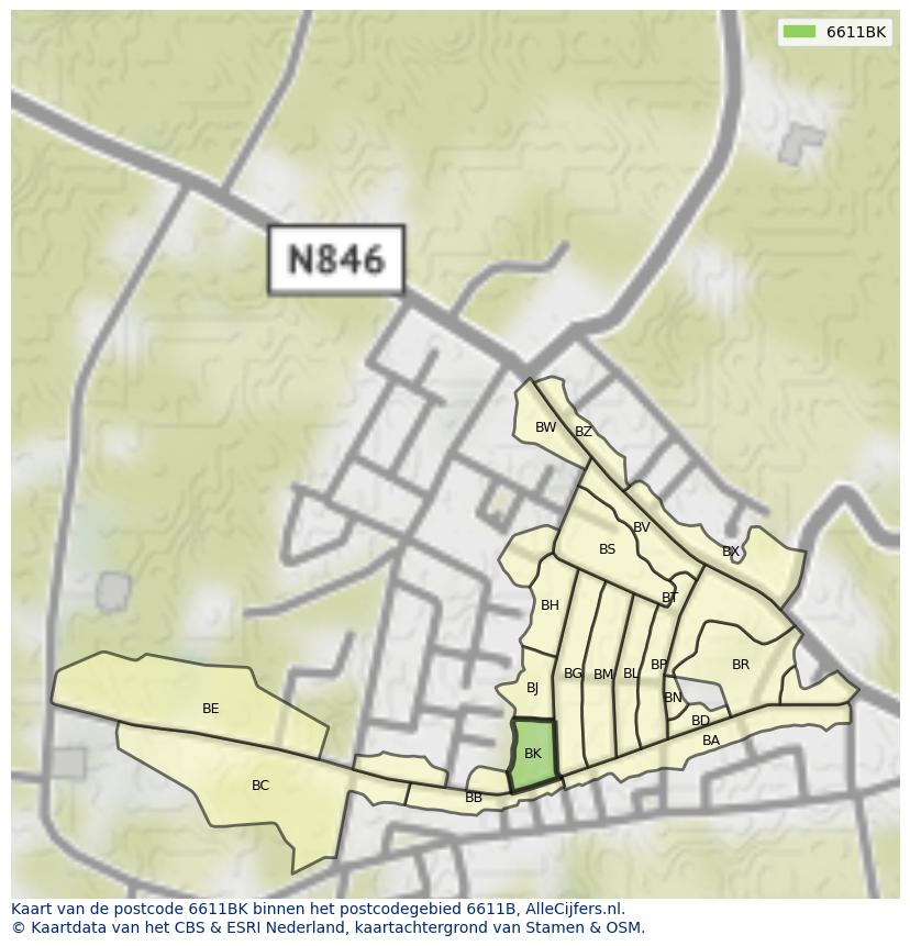 Afbeelding van het postcodegebied 6611 BK op de kaart.
