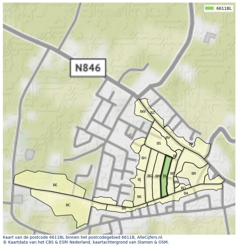 Afbeelding van het postcodegebied 6611 BL op de kaart.