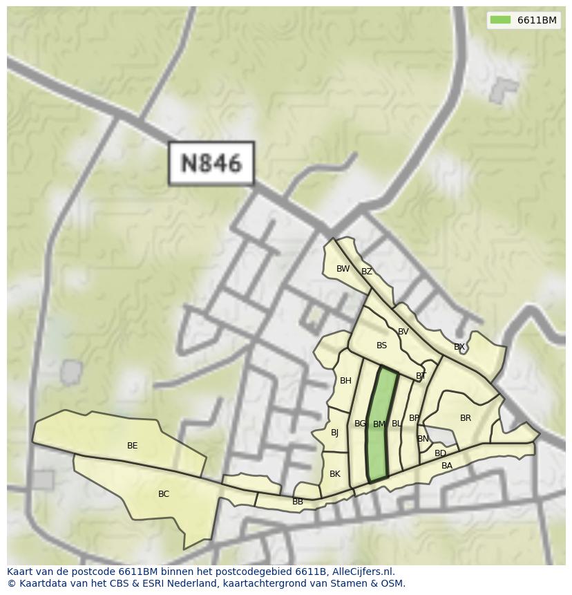 Afbeelding van het postcodegebied 6611 BM op de kaart.