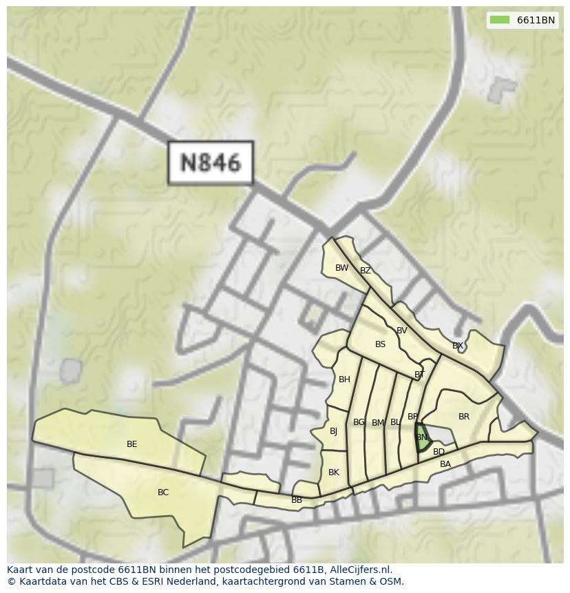 Afbeelding van het postcodegebied 6611 BN op de kaart.