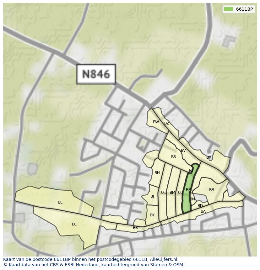 Afbeelding van het postcodegebied 6611 BP op de kaart.