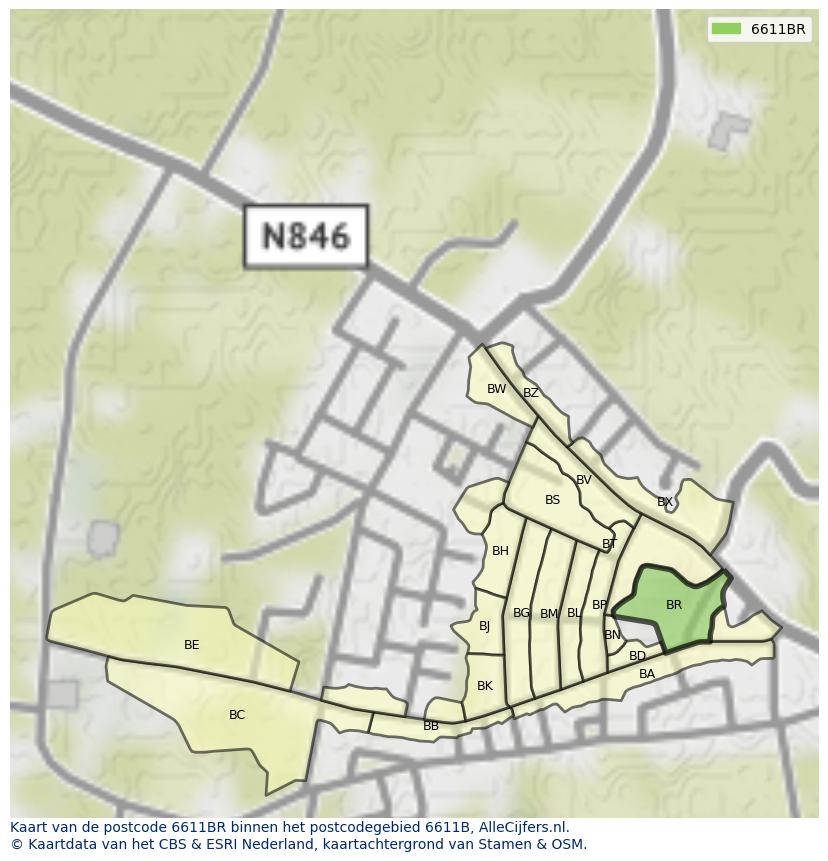 Afbeelding van het postcodegebied 6611 BR op de kaart.