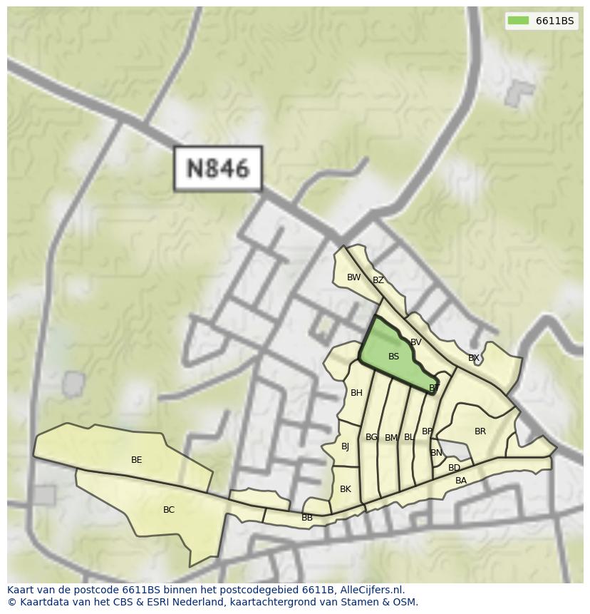 Afbeelding van het postcodegebied 6611 BS op de kaart.