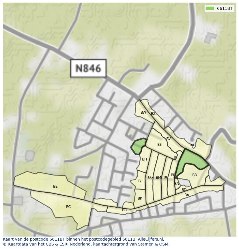 Afbeelding van het postcodegebied 6611 BT op de kaart.