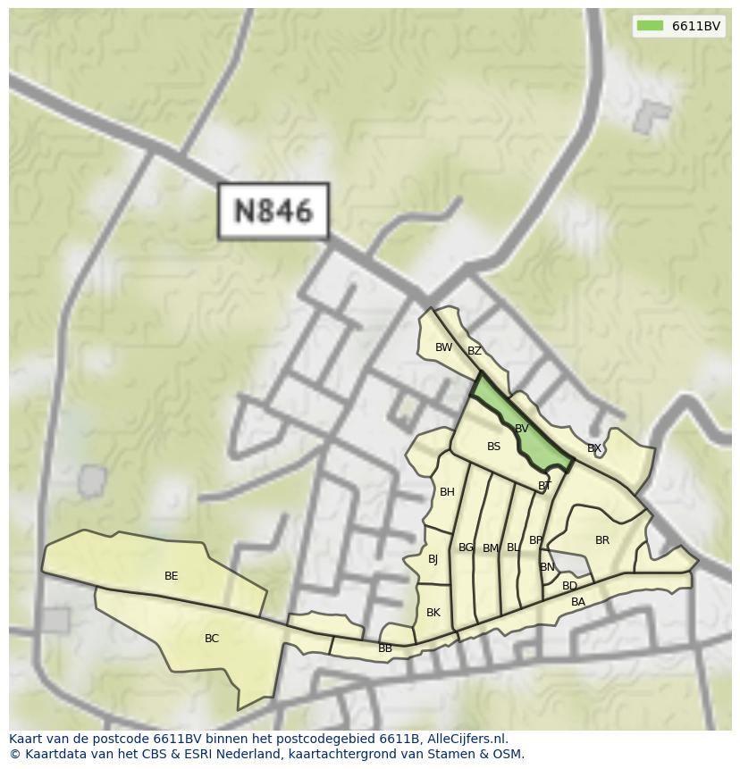 Afbeelding van het postcodegebied 6611 BV op de kaart.
