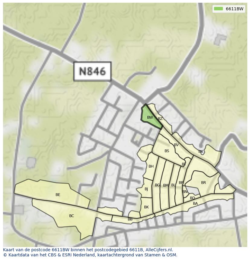 Afbeelding van het postcodegebied 6611 BW op de kaart.