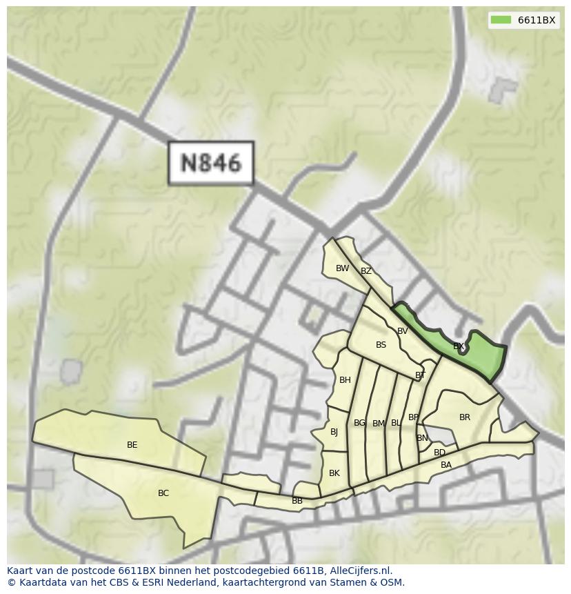 Afbeelding van het postcodegebied 6611 BX op de kaart.