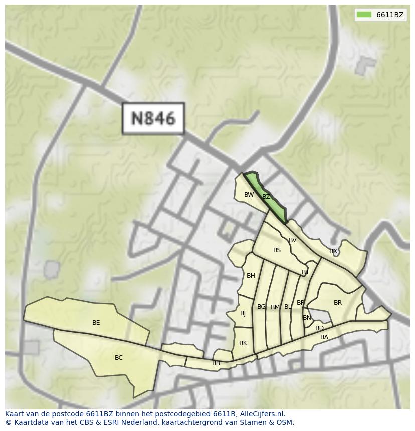 Afbeelding van het postcodegebied 6611 BZ op de kaart.