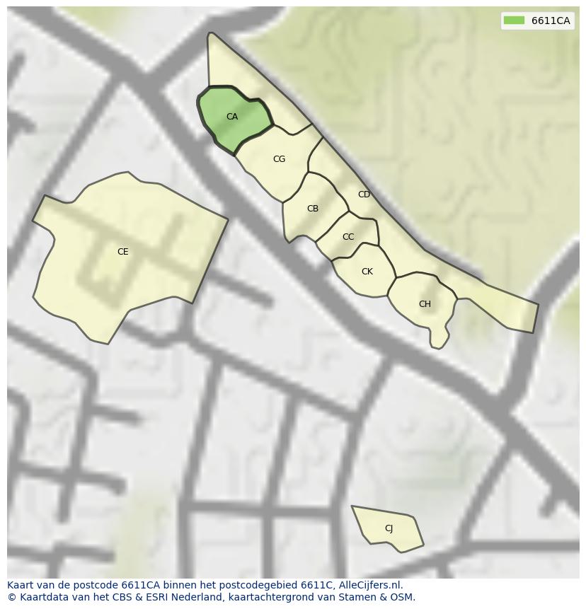 Afbeelding van het postcodegebied 6611 CA op de kaart.