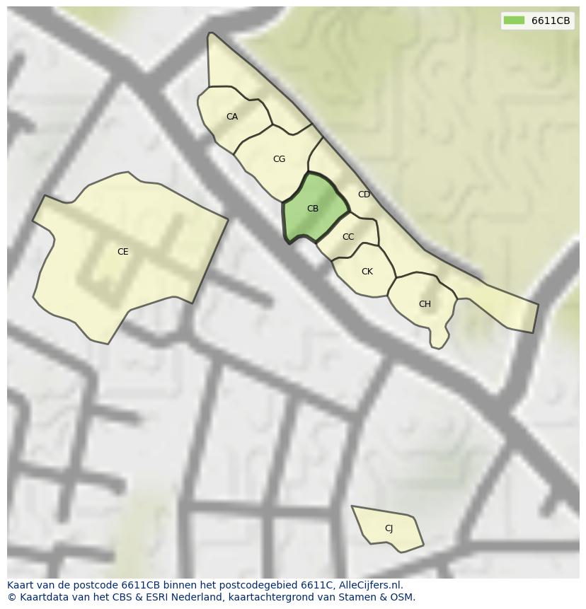 Afbeelding van het postcodegebied 6611 CB op de kaart.
