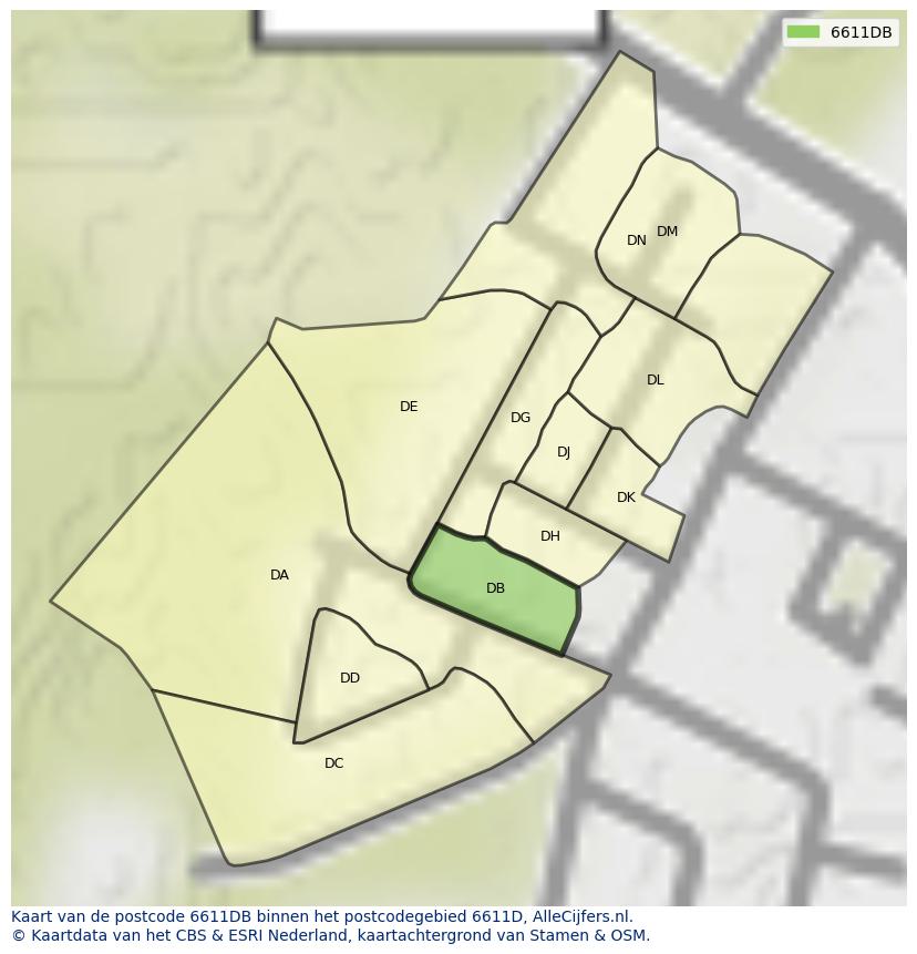 Afbeelding van het postcodegebied 6611 DB op de kaart.