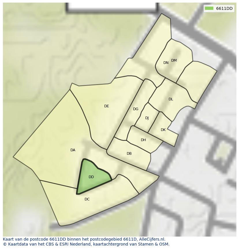 Afbeelding van het postcodegebied 6611 DD op de kaart.