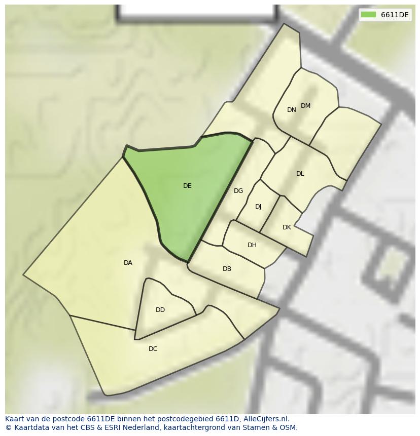 Afbeelding van het postcodegebied 6611 DE op de kaart.