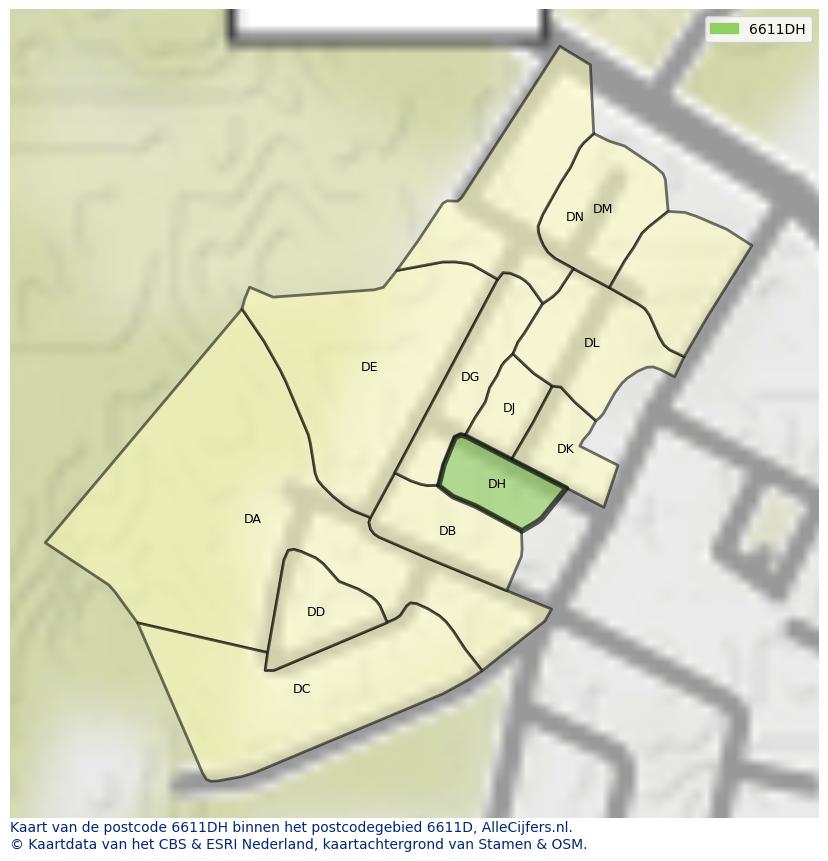 Afbeelding van het postcodegebied 6611 DH op de kaart.