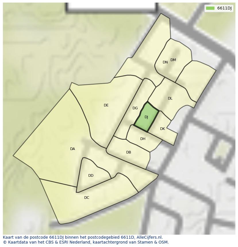 Afbeelding van het postcodegebied 6611 DJ op de kaart.