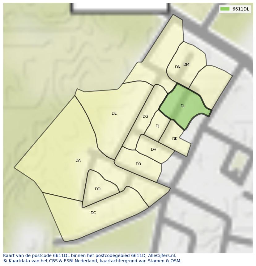Afbeelding van het postcodegebied 6611 DL op de kaart.
