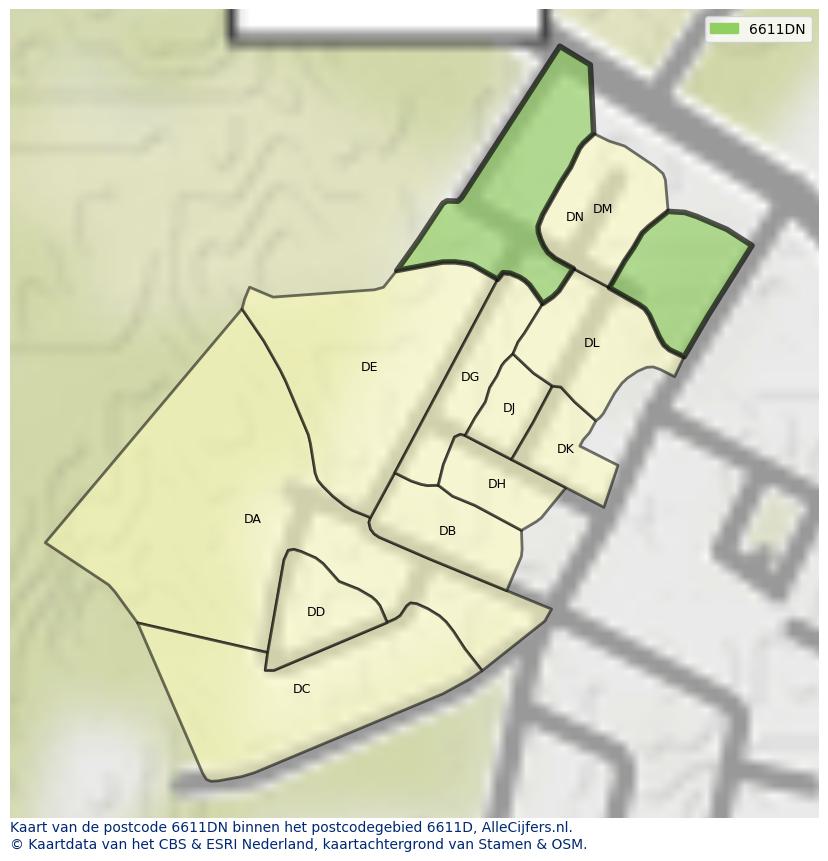 Afbeelding van het postcodegebied 6611 DN op de kaart.