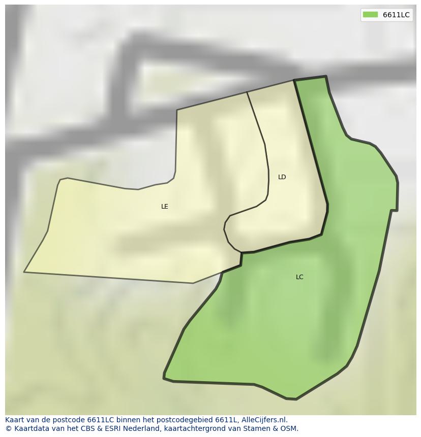 Afbeelding van het postcodegebied 6611 LC op de kaart.