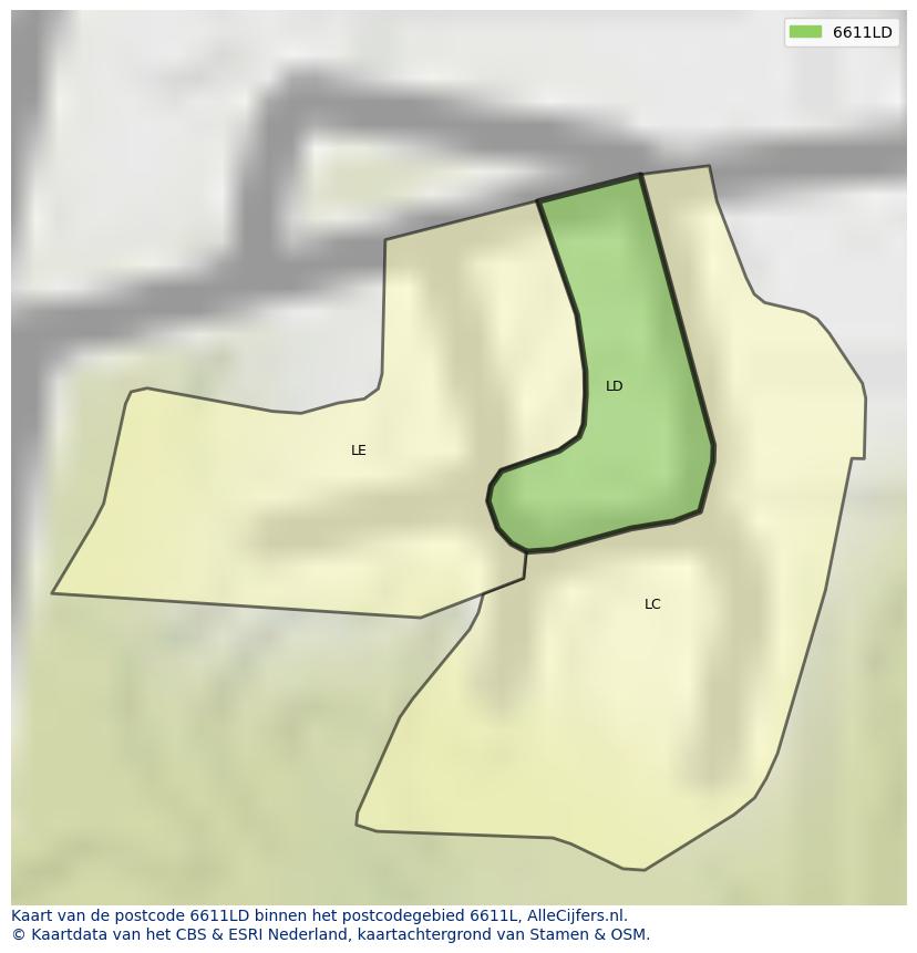 Afbeelding van het postcodegebied 6611 LD op de kaart.