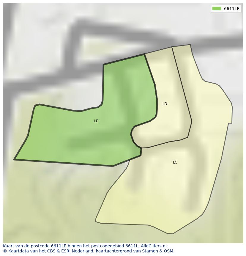 Afbeelding van het postcodegebied 6611 LE op de kaart.