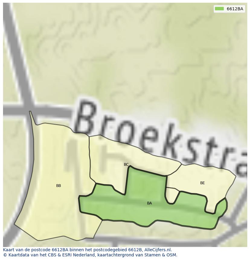 Afbeelding van het postcodegebied 6612 BA op de kaart.
