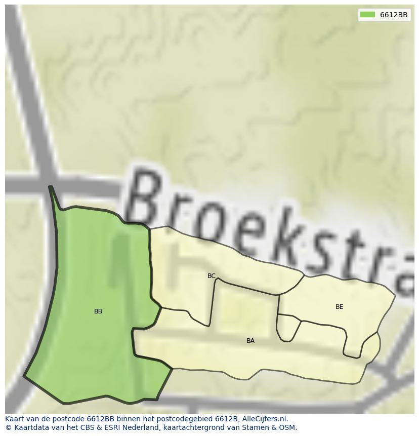 Afbeelding van het postcodegebied 6612 BB op de kaart.
