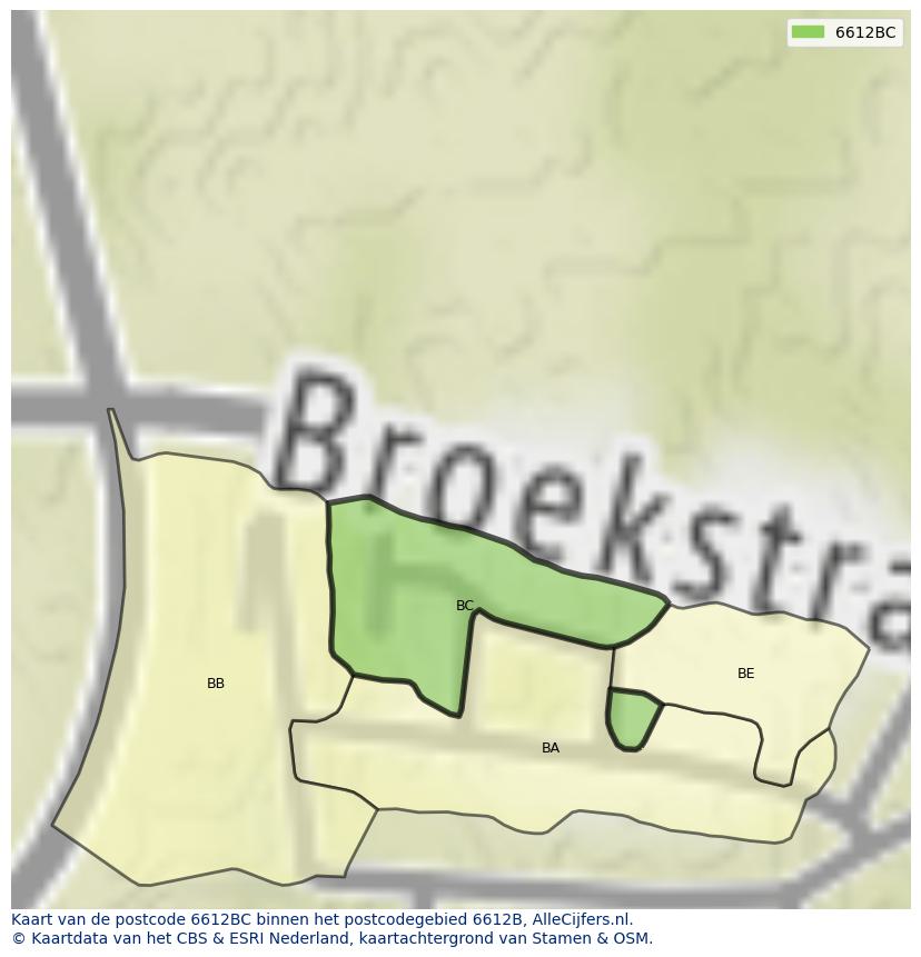 Afbeelding van het postcodegebied 6612 BC op de kaart.