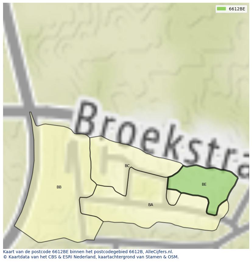 Afbeelding van het postcodegebied 6612 BE op de kaart.