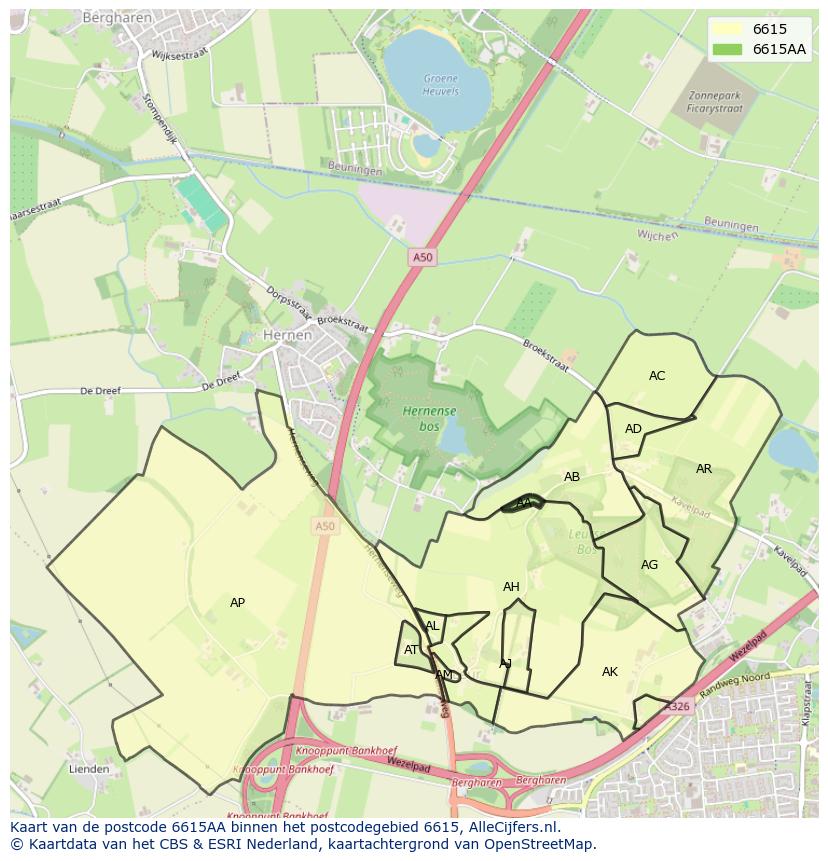 Afbeelding van het postcodegebied 6615 AA op de kaart.