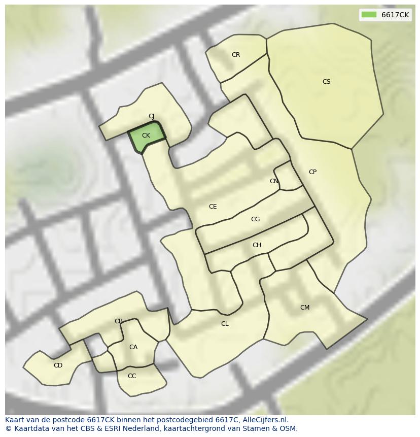 Afbeelding van het postcodegebied 6617 CK op de kaart.