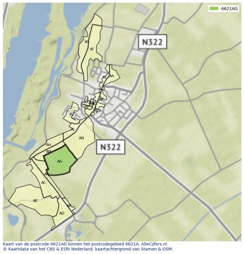 Afbeelding van het postcodegebied 6621 AG op de kaart.