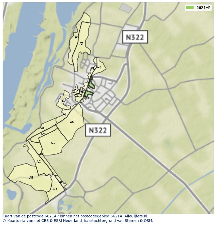 Afbeelding van het postcodegebied 6621 AP op de kaart.