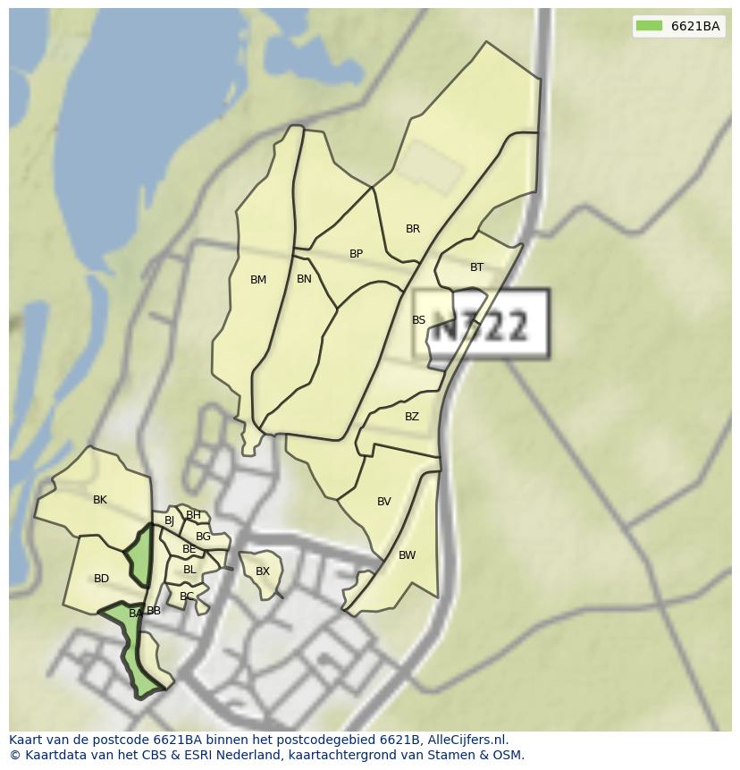 Afbeelding van het postcodegebied 6621 BA op de kaart.