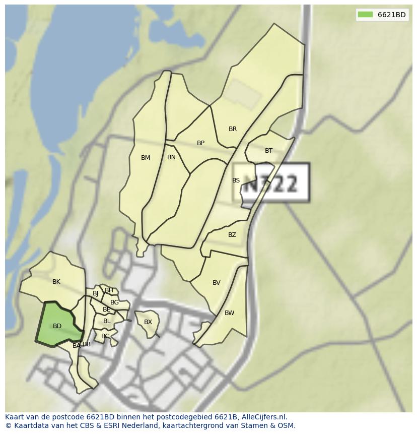 Afbeelding van het postcodegebied 6621 BD op de kaart.