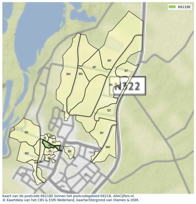 Afbeelding van het postcodegebied 6621 BE op de kaart.