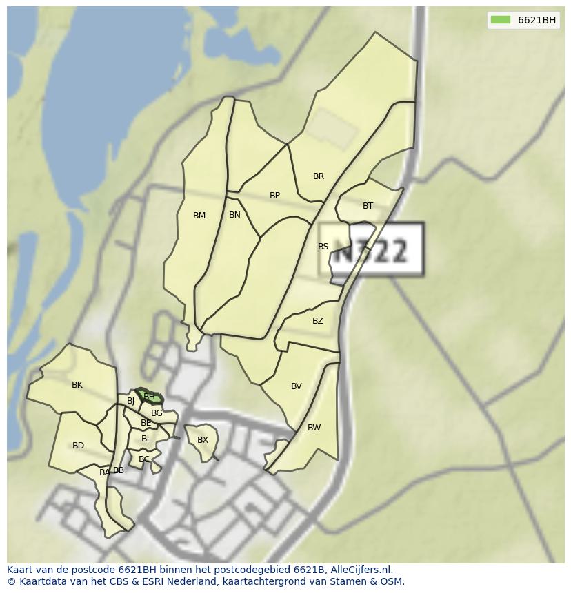 Afbeelding van het postcodegebied 6621 BH op de kaart.