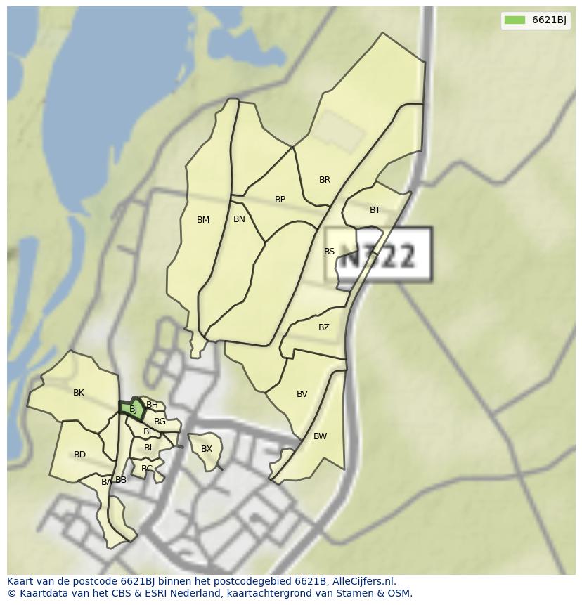 Afbeelding van het postcodegebied 6621 BJ op de kaart.