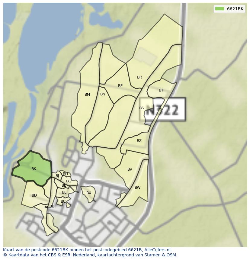 Afbeelding van het postcodegebied 6621 BK op de kaart.