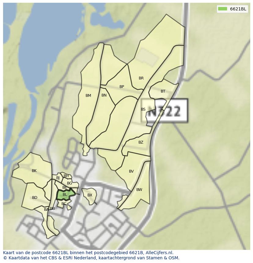 Afbeelding van het postcodegebied 6621 BL op de kaart.