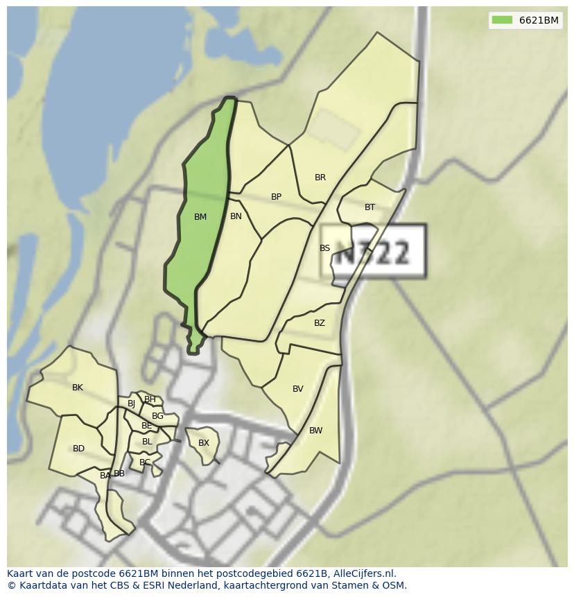 Afbeelding van het postcodegebied 6621 BM op de kaart.