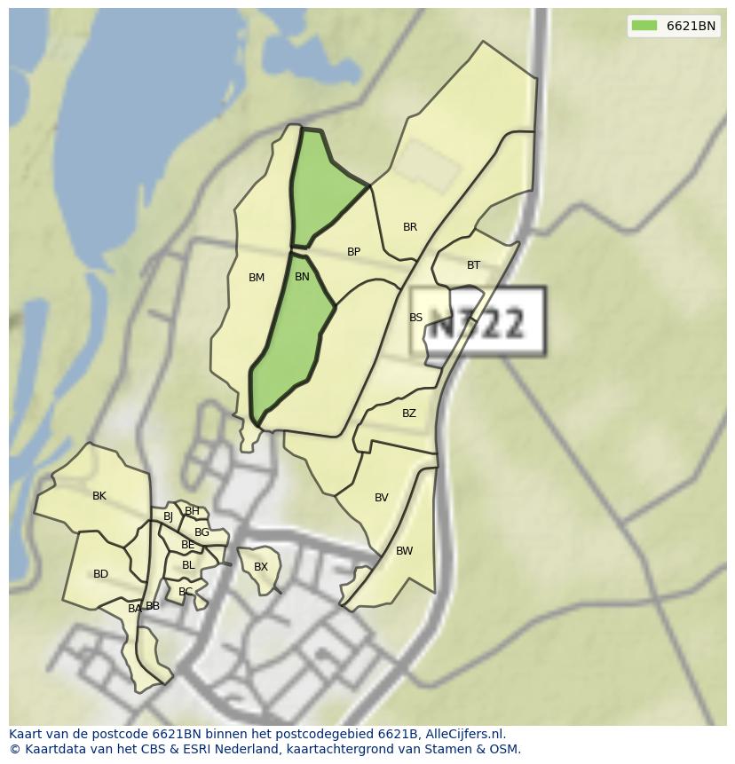 Afbeelding van het postcodegebied 6621 BN op de kaart.